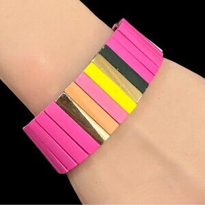 Taramanda Multi-Color Stretch Bracelet With Pink Yellow Gold & Black Stripes